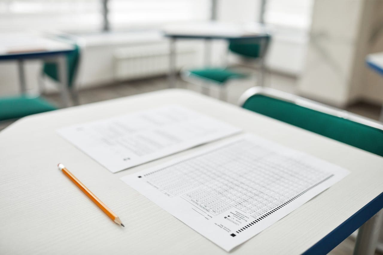 Test paper and pencil on a desk